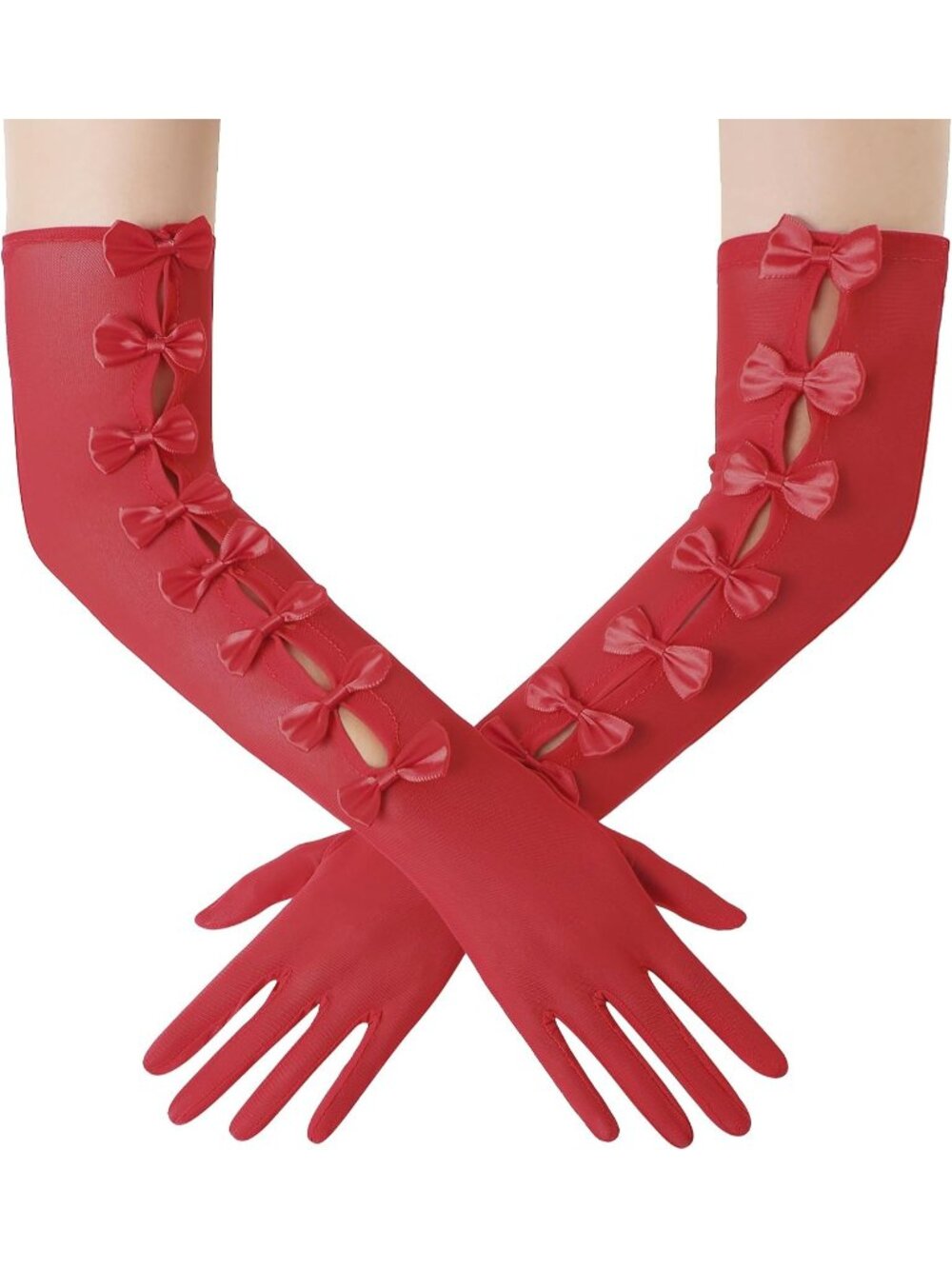 Womens Red Long Tulle Mesh Opera 1920s Flapper Cutout Ribbon Bows Lace Gloves
